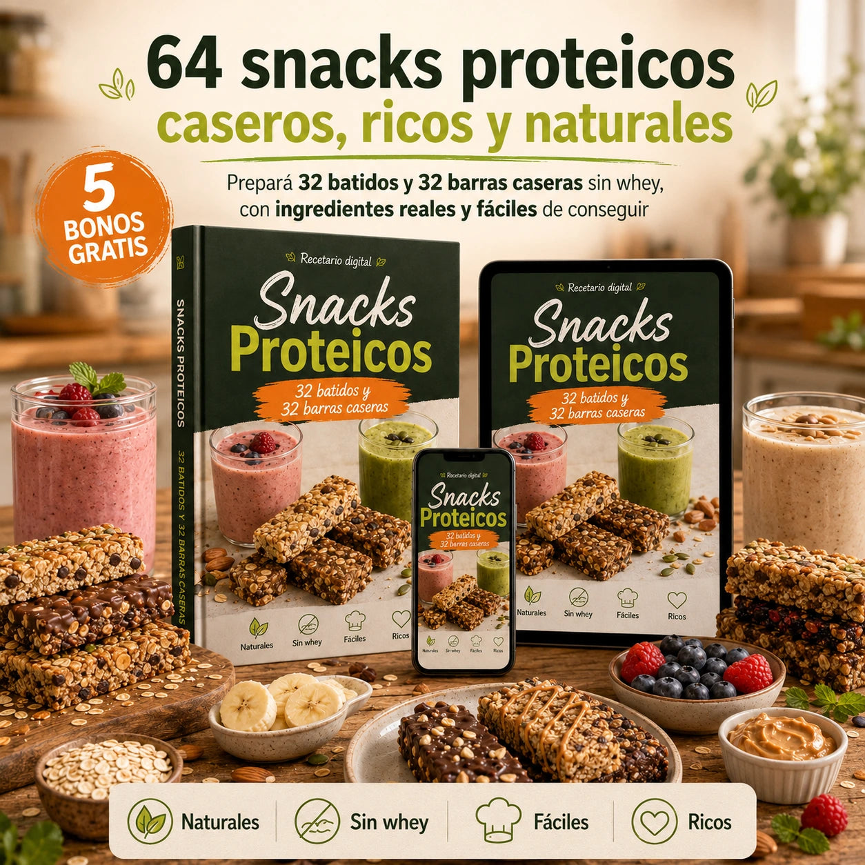 Snacks Proteicos: 32 batidos y 32 barras caseras